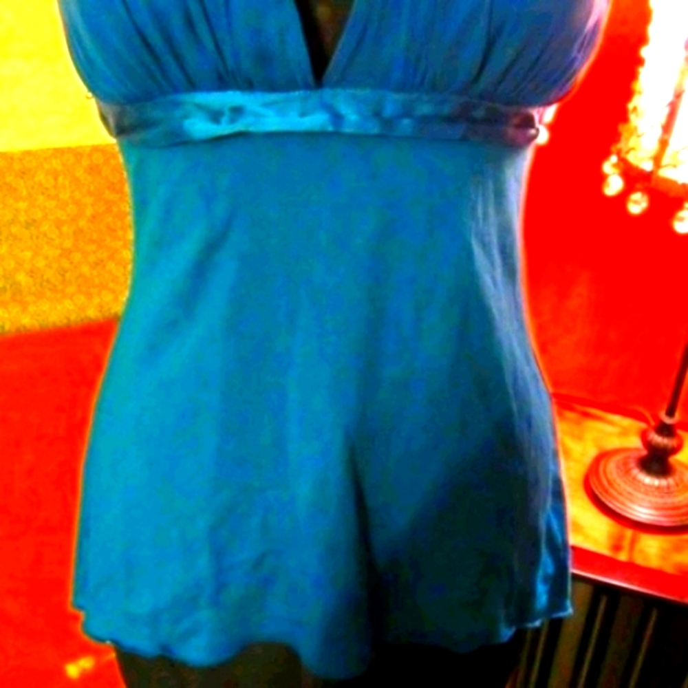 💋 Sexy Vintage Dark Teal Deep Plunge Babydoll Cami Tank Top -SP - Picture 3 of 7